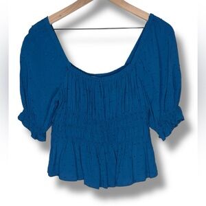 Nine Britton Smocked Crop Square-Neck Peplum Swiss Dot Texture Blue Sz M